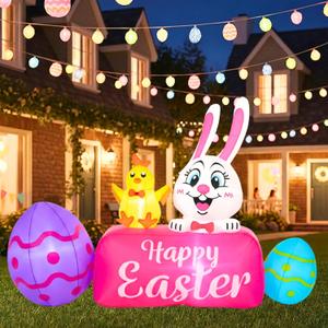 5.6FT Easter Inflatables Outdoor Decorations Bunny Blow Up Color Eggs and Chick, Built-in LED Lights Happy Easter Decor for Home Outside Yard Lawn Garden Holiday Party