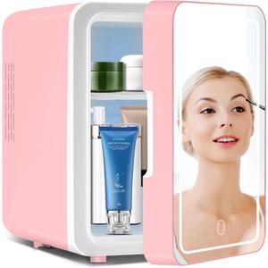 Skincare Fridge With Dimmable LED Mirror, 4L Makeup Mini Fridge for Bedroom, Cosmetics, SkinCare, Cooler & Warmer, Portable Small Refrigerator for Car, Office and Food- Pink