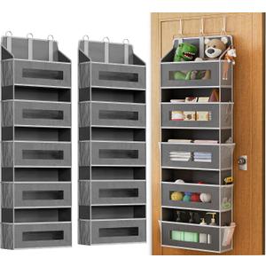 2 Pack 5 Tier Over The Door Organizer - Large Capacity Behind Door Hanging Shelves with 10 Mesh Pockets and Clear Windows, Closet Organizers and Storage for Bathroom, Bedroom, Nursery, Grey