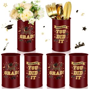 Domensi 6 Pcs 2025 Graduation Table Centerpiece Vase Decorations Class of 2025 Galvanized Metal Tin Vases for Artificial Flowers Grad Caps Cutlery Utensil Holder for Party Supplies Gifts(Maroon) (Burgundy Red)