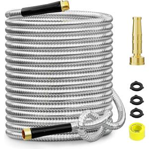 SPECILITE 50 ft 304 Stainless Steel Garden Hose Metal Heavy Duty Water Hose, Flexible Water Hose Pipe with 3/4" Solid Brass Connectors, No-Expandable Garden Hoses with Rubber Grip for Yard, Outdoor