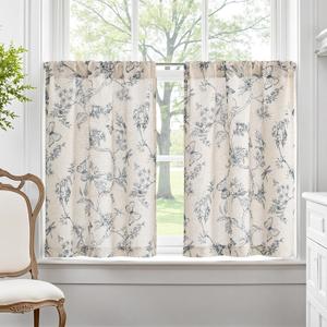 jinchan Floral Kitchen Curtains for Windows 36 Inch Farmhouse Country Linen Tier Curtains Botanic Small Window Drapes for Living Room Bathroom Laundry RV Rod Pocket Rustic 2 Panels Blue on Beige