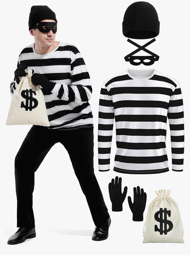 5 Pieces Halloween Costume Set, Men's Robber Costume Halloween Cosplay Burglar Accessories Striped Shirt for Adult (L)