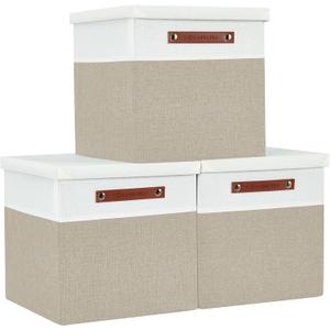 DECOMOMO Storage Basket with Lid, Storage Cubes with Handles, Fabric Box with Lid (Beige and White, 11 / 3 Pack)