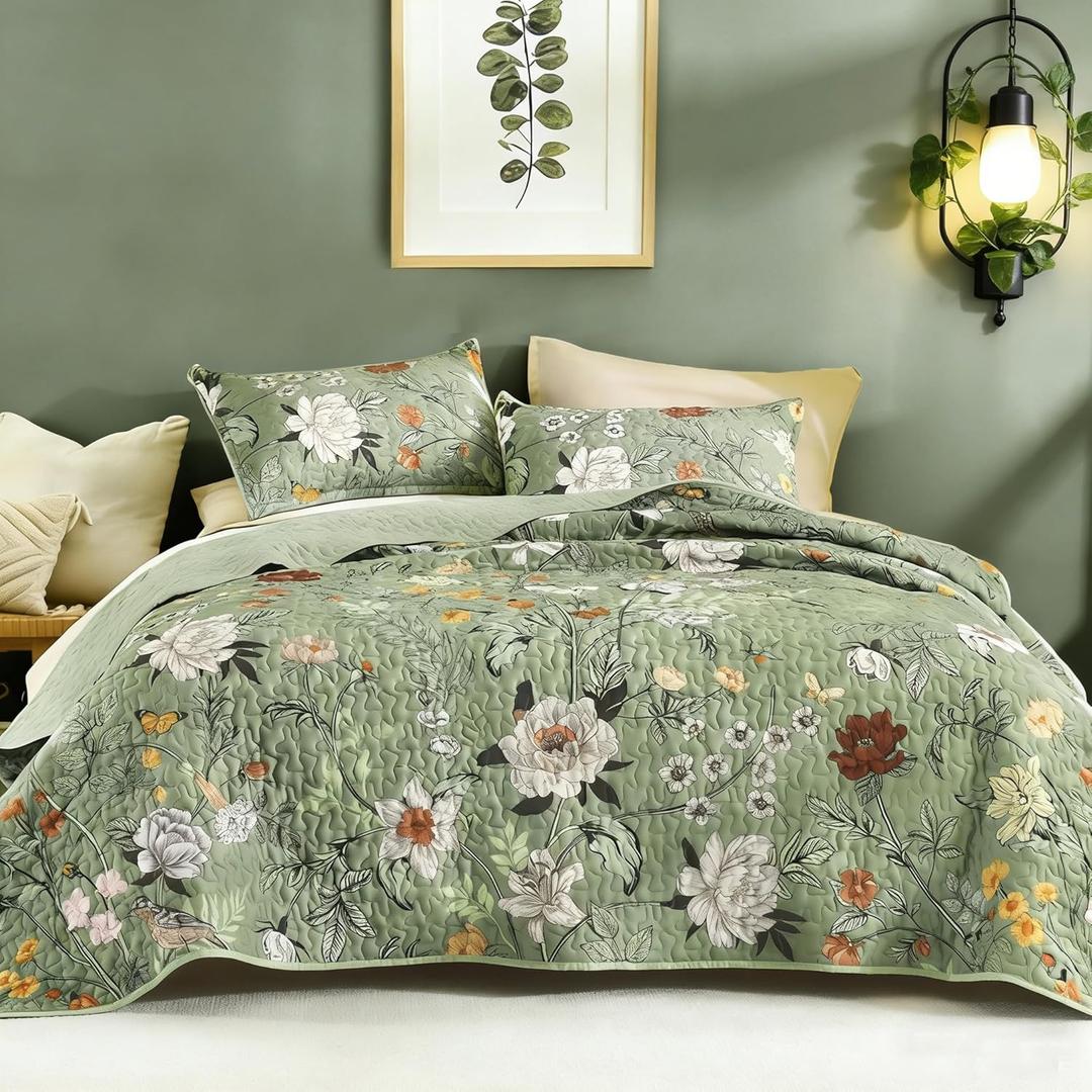 Litanika Floral Green Quilt Queen Size - 3 Pieces Sage Botanical Birds Pattern Quilt Bedding, Spring Lightweight Soft Coverlet for All Seasons (96"x90")