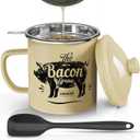 Bacon Grease Container With Strainer, 46OZ Large Enamel Grease Container, With Silicone Spatula, Farmhouse Bacon Grease Keeper, Cooking Oil Container For Kitchen Fat Storage, Dishwasher Safe-Beige