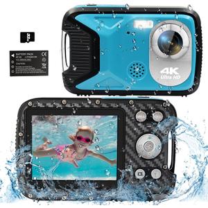 4K 16FT Underwater Camera, 48MP Waterproof Digital Camera with 32GB Card, Compact 18X Zoom Waterproof Camera for Snorkeling Swimming Vacation, Blue