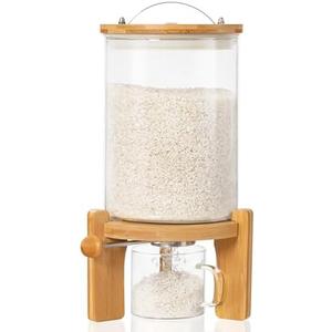 HBlife 5-7 Lbs Glass Rice Dispenser with Wooden Stand Flour and Cereal Container with Glass Measuring Cup Pantry Food Organization Storage Bin with Airtight Bamboo Lid, 3L