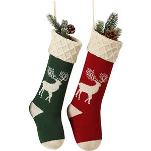 Christmas Stockings,Big Size 2Pack 18-Inch Extra Long Hand-Knitted Red/Green Reindeer Snowflakes Xmas Character for Family Holiday Season Decor