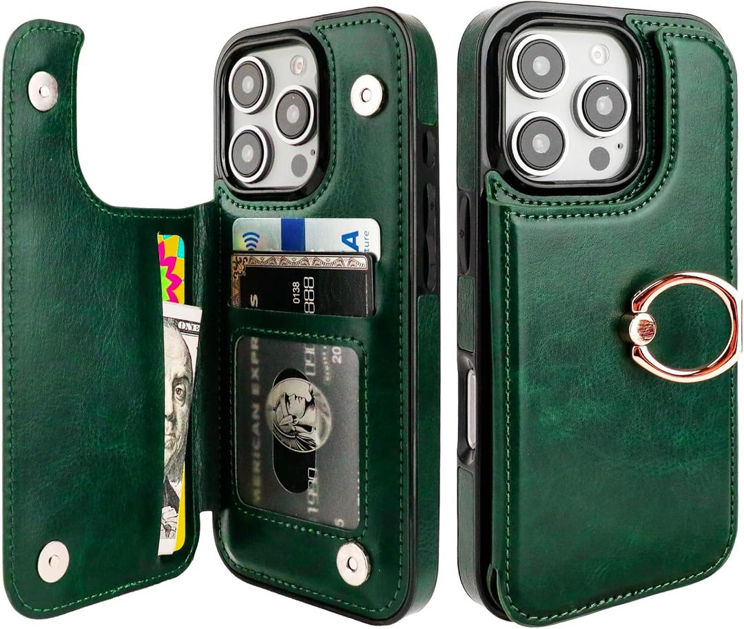 ONETOP for iPhone 16 Pro Wallet Case with Card Holder, 360 Rotation Ring Kickstand RFID Blocking PU Leather Double Magnetic Clasp Shockproof Cover for Women and Girls 6.3 Inch (Green)