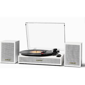 Vinyl Record Player with External Speakers, 3 Speed Vintage Belt Drive Turntable Record Player with Stereo Speakers RCA Audio Out and Aux-in, White Wood