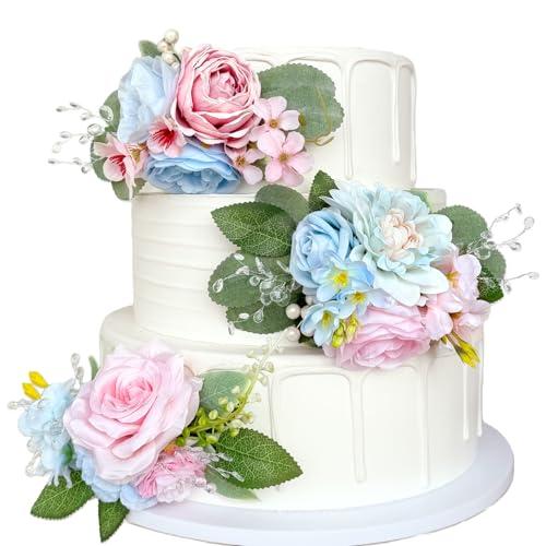 Pre-Made Baby Blue Pink Artificial Flowers for Cakes Decorations Pastel Blush Pink Rose Wedding Cake Toppers Decorating Silk Fake Floral Anniversary Birthday Party Table Arrangements Baby Shower