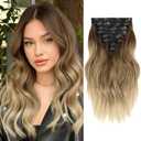 Clip in Hair Extensions, 16 Inch Omber Blonde Hair Extensions Clip Ins Wavy, 8PCS Synthetic Thick Hairpieces for Women