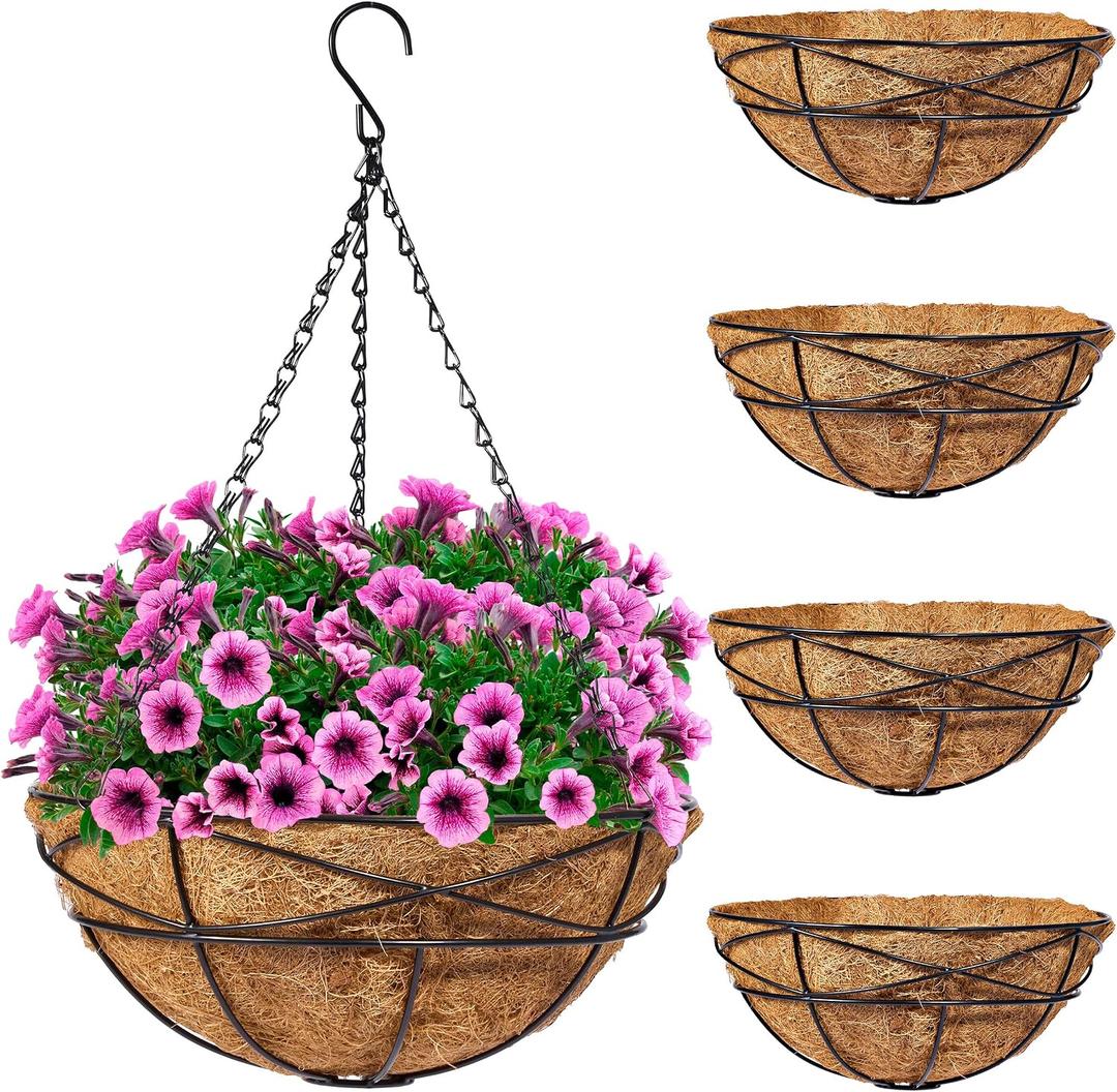 8 Pack Metal Hanging Planter Basket Huge 12 Inch Hanging Flower Pot Basket & Coco Coir Liner for Indoor/Outdoor Garden Décor, Perfect for Home, Garden, Patio, Deck (Black)