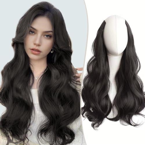 FAVE V-Shaped Clip in Extensions Synthetic Hair Extension Wavy Hair Extensions Brown Black Hair Extensions One Piece Extensions with 5 Secure Clips Vigorous Clip in Hair Extension for Women