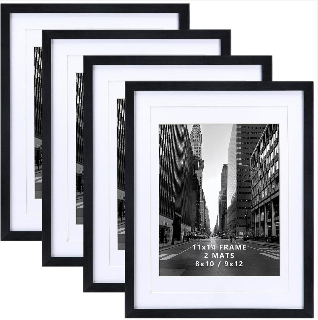 Giftgarden 11x14 Picture Frame Set of 4, Matted to 8x10 or 9x12 Photos with Double Mats, Display 14x11 Poster without Mat, Wall or Tabletop, Black