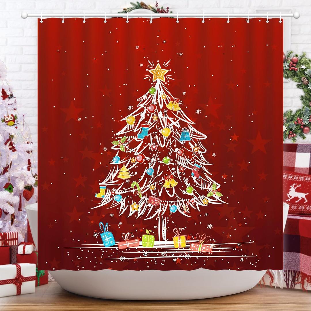 Shower Curtain Christmas, Holiday Shower Curtain Red Christmas Tree Candy Cane Stocking Jingle Bells Bulb Winter ShowerCurtain Waterproof Fabric Machine Washable Home Farmhouse Decor Bath Curtains