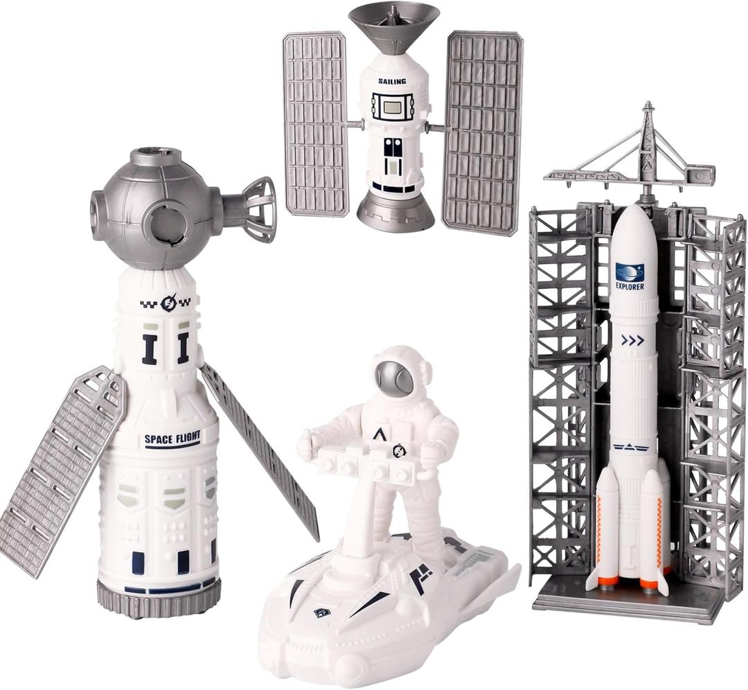 Space Toy Kit, Spaceship Toys Set with Astronaut Figure, Double Satellite, Pointy Rockets and Launch Towers, Space Scooter, Astronaut Exploration Gift for Exploring Boys and Girls