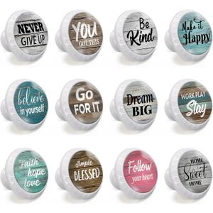 12 Pack Motivational Quote on Rustic Wood Cabinet Knobs Round Drawer Pulls White Dresser Knob Cupboard Door Handles Hardware for Kitchen Bathroom Cabinets