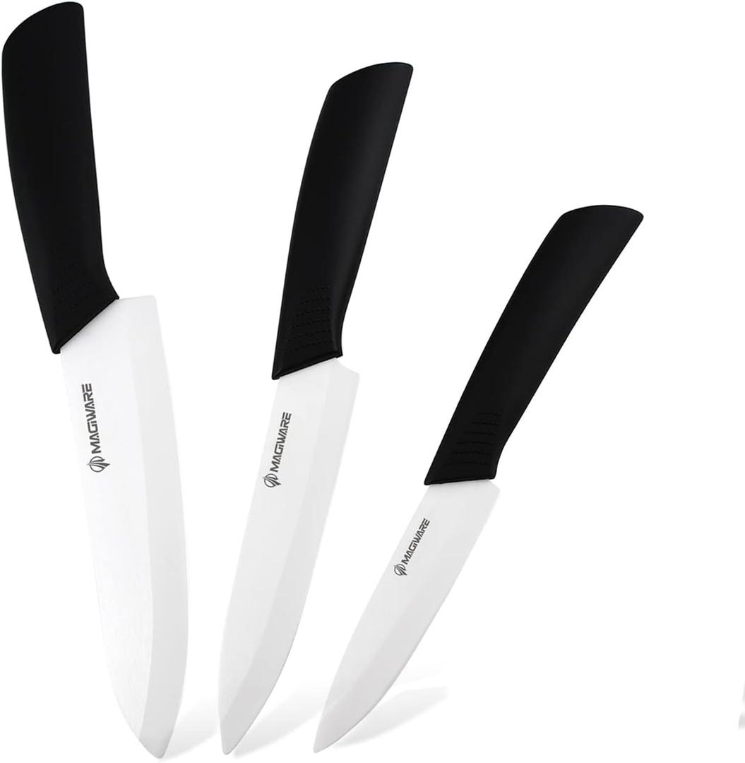 Magiware Classic 3PCS Ceramic Knife Set with Cover, Super Sharp Never Rust Healthy (6" Ceramic Chef Knife, 5" Solution Knife4 "Classic Paring Knife)