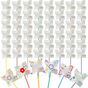 Poen 100 Pcs DIY Pinwheels Paper Craft for Kids Bulk Color Your Own White Pinwheels Summer Activity Arts July 4 Patriotic Memorial Day Craft for Kids Boys Girls Blank Windmills Party Favor, 5 Inches