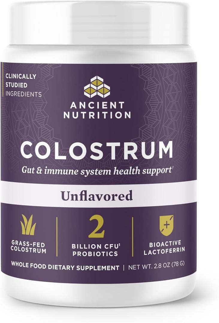 Ancient Nutrition Grass Fed Bovine Colostrum Superfood Powder, Unflavored Grass Fed Bovine Colostrum, Supports Healthy Gut Microbiome and Immune System, Clinically Studied Lactoferrin & Probiotics, 78g