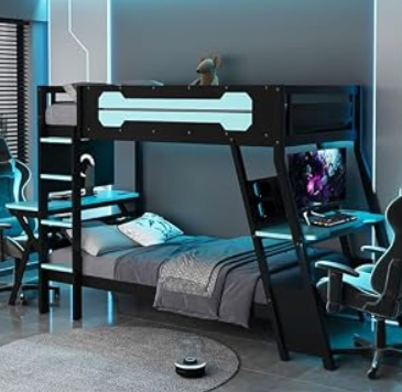 Merax Twin Size Bunk Bed with Two Built-in Gaming Desks, USB Desktop Ports & Pegboard Organizer, Gaming Bunk Frame for Gamer, Cloud Blue