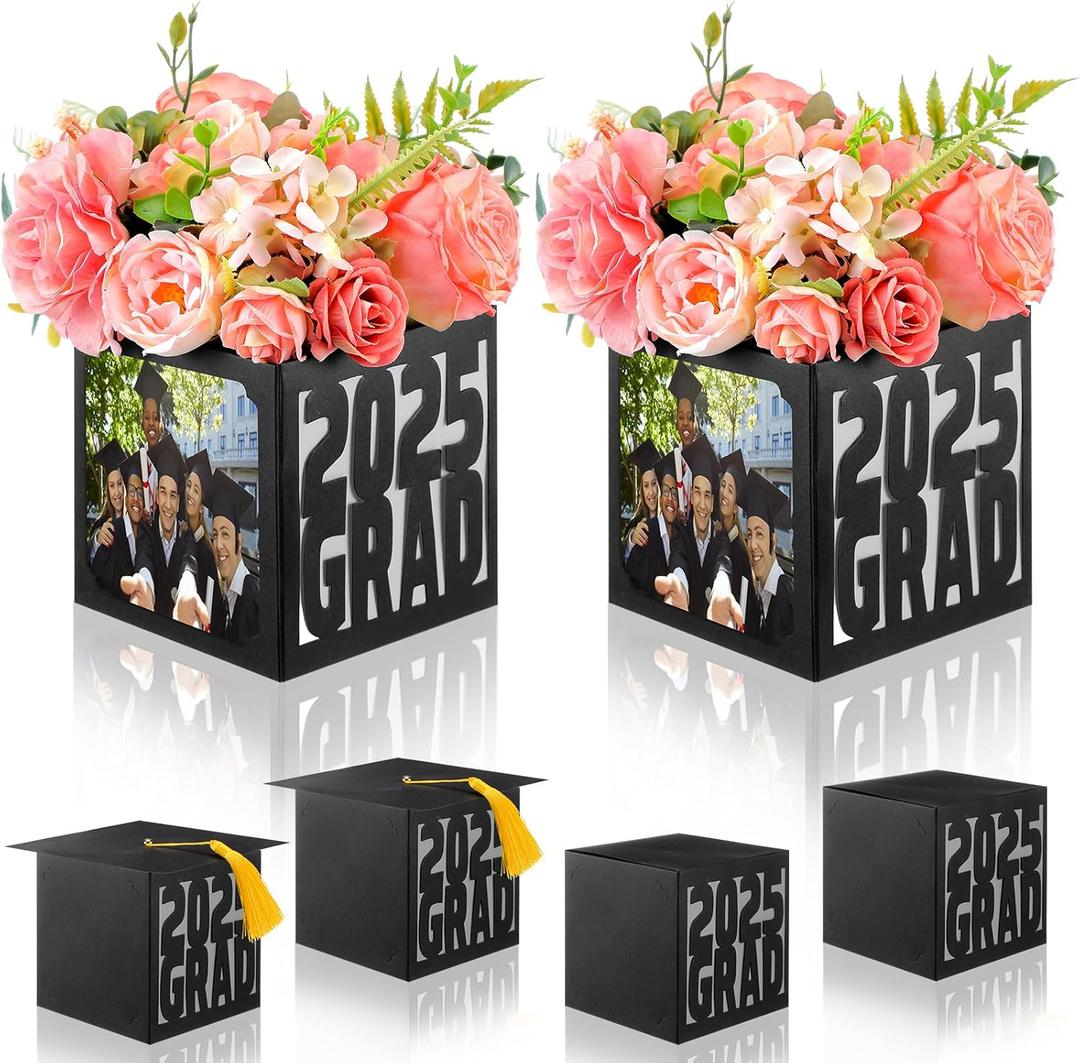 Geelin 4 Pcs Graduation Box Centerpieces Black Graduation Photo Display 5 x 5 x 5.1 Inch 2025 Grad Party Favor Gift College Cap Picture Box with Tassel for Grad Table Decoration
