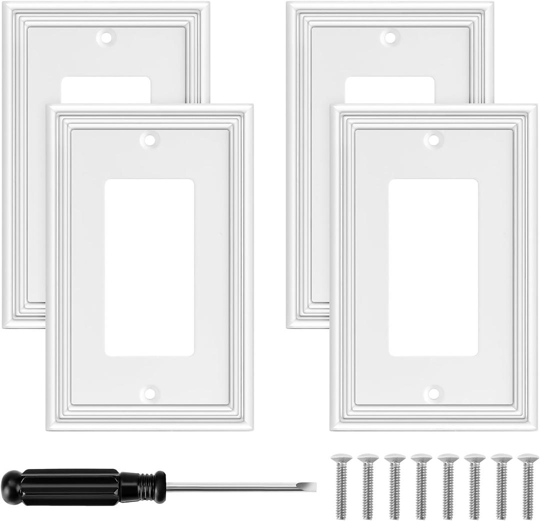 White Modern Decorative Wall Plate Light Switch Cover Decorator Outlet Covers Rocker Switch Plates Bamboo Fiber Material Wall Plates for Kitchen Bathroom (1 Gang Single Decorator-4 Pack)