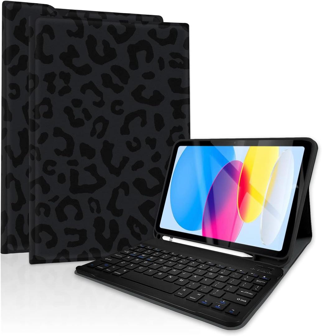 TopPerfekt Case Keyboard for iPad Gen 11th (A16) 11-inch 2025 / iPad 10th 10.9-inch 2022Detachable, Rechargeable, Magnetically Absorbent,Pencil Holder for 10.9 inch Case with Keyboard- Black Leopard