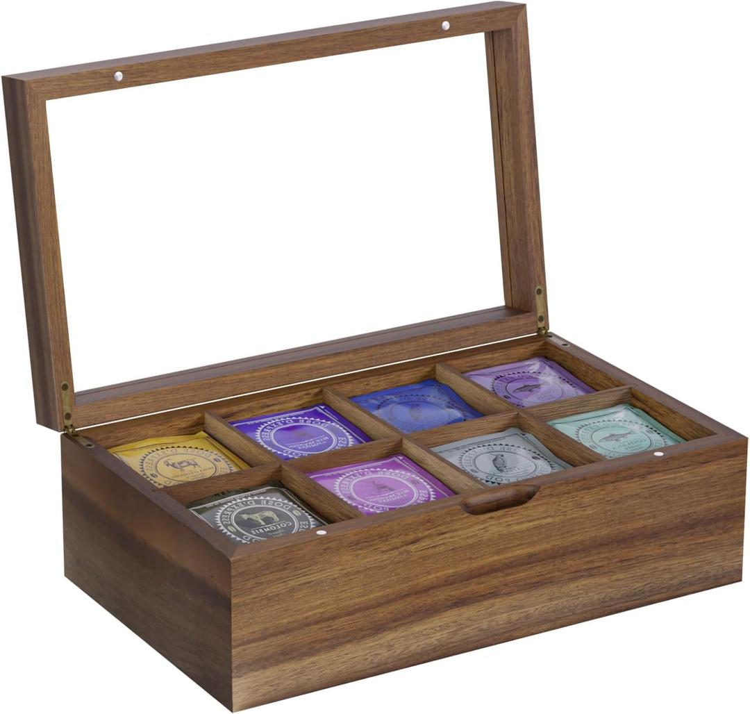 Acacia Tea Box Organizer Storage Box, 8 Compartments Wood Tea Organizer for Tea Bags, Tea Bag Holder Organizers with Clear Acrylic Window, Magnetic Lid and Removable Dividers