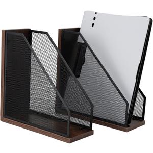 Antique Wooden Magazine Holder,Mesh File Holder for Desk, Office Desk Accessories Decorative File Box (2 Pack Black)