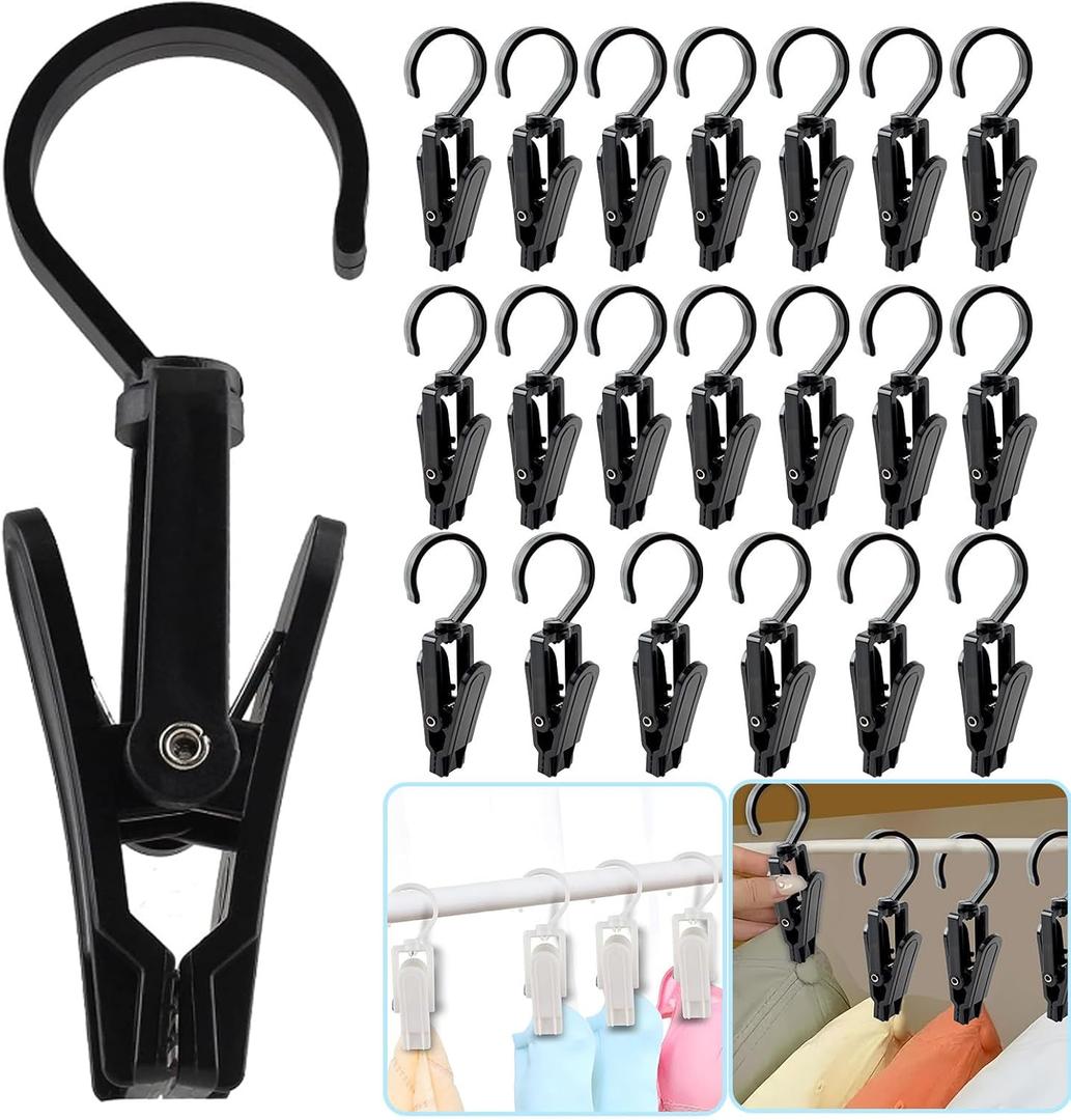 VinBee 20 PCS Laundry Hooks with Clips Super Strong Plastic Home Travel Swivel Hanging Hanger Closet Organizer Clamps Socks Boot Bras Towels for Bathroom Wardrobe Kitchen Office - 4.3 Inches (Black)