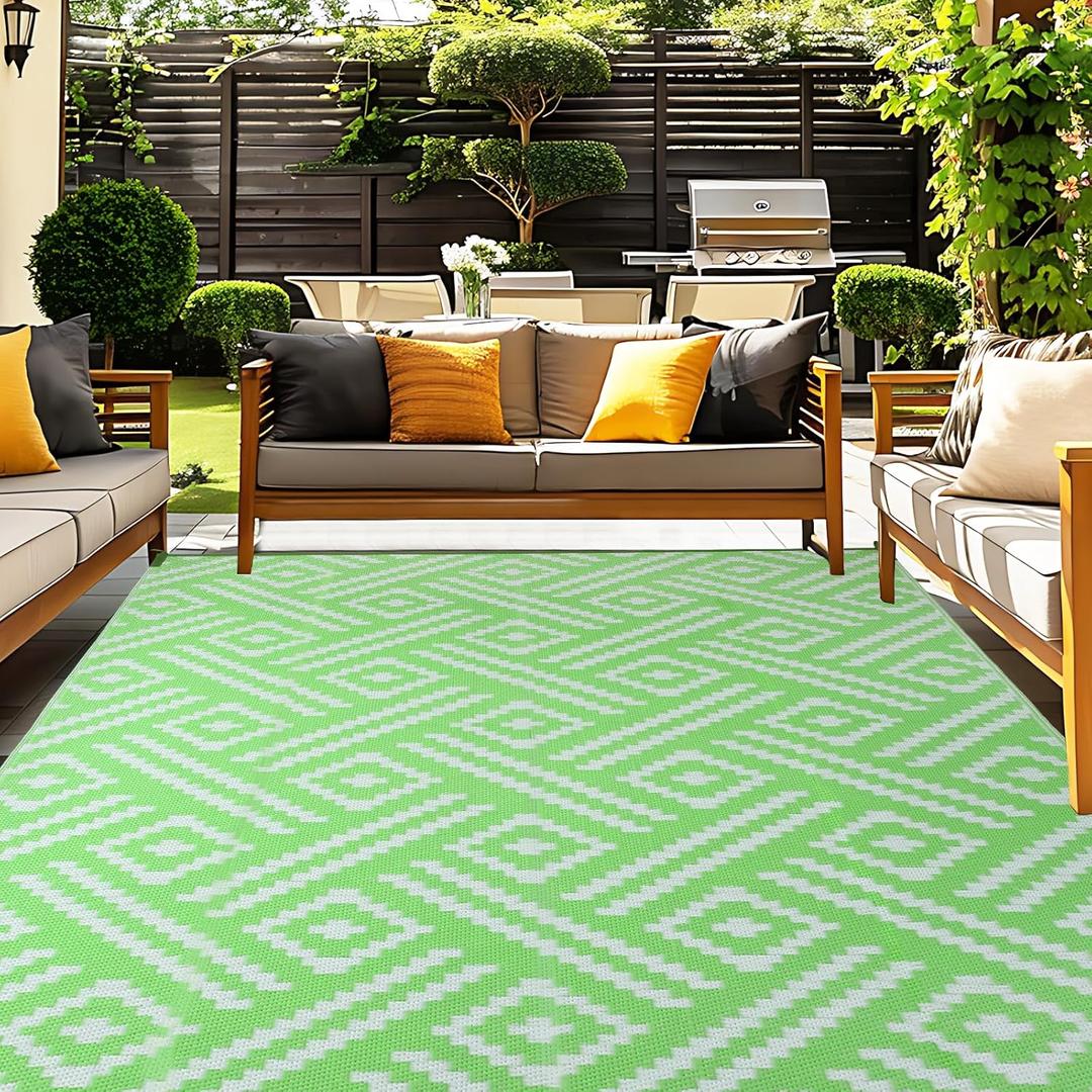 OPPODREAM Outdoor Rug 8x10 Patio Waterproof, Large Outdoor Plastic Straw Rug, Reversible Out Door Carpet for Camping, Deck, Rv, 8 x 10 Area Carpet for Balcony, Porch, Backyard, White and Green