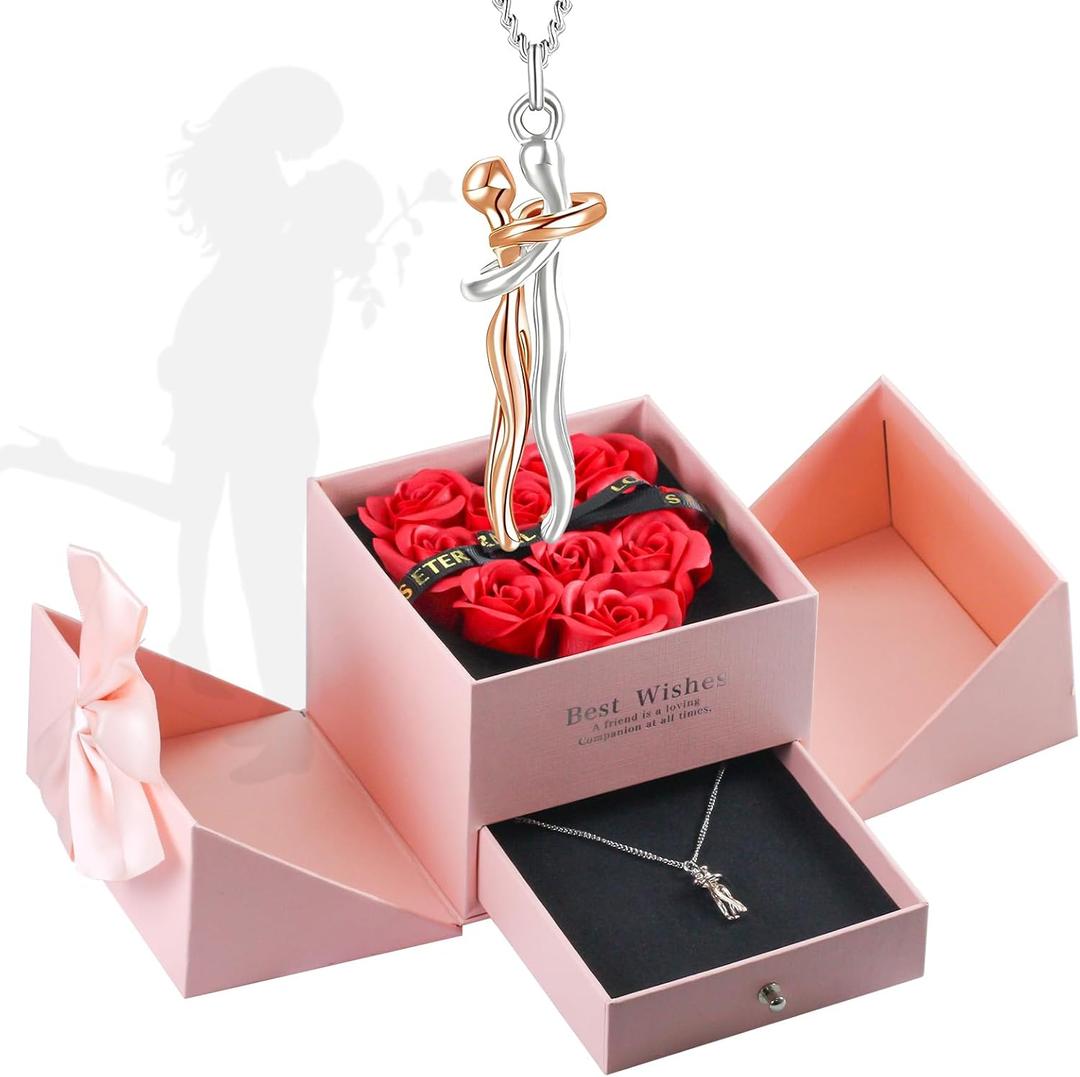 Gifts for Him Her Boyfriend Girlfriend, Preserved Faux Roses with Couple Hug Necklace, Wedding Anniversary Birthday Gift for Women, Romantic Valentine's Day Christmas Gifts to Mother Couples Wife (Pink box + Rose gold necklace)