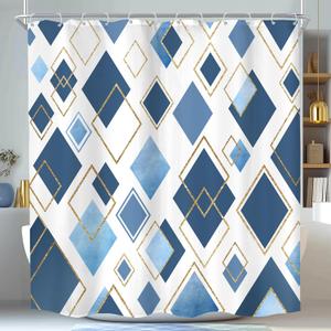 KOMLLEX Blue Abstract Shower Curtain for Bathroom Decor 72Wx72H Inches Modern Minimalist Geometric Navy Blue Gold Simple Mens Cool Contemporary Aesthetic Fabric Waterproof Polyester 12 Pack Hooks