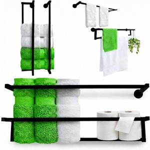 Black Towel Racks for Bathroom Wall Mounted | 4 in 1 Multifuntional, Horizontal & Vertical Wall Towel Holder for Rolled Towels & Double Hanging Towel Bar & Toilet Paper Holder | Towle Rack Rustproof