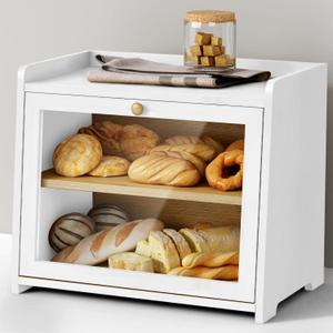 White Double Layer Bread Box for Kitchen Countertop, 2 Tier Counter Breadbox for Homemade Bread, Large Bread Storage Container Holder Keeper for Sourdough Loaf Storage (Bamboo Wood)