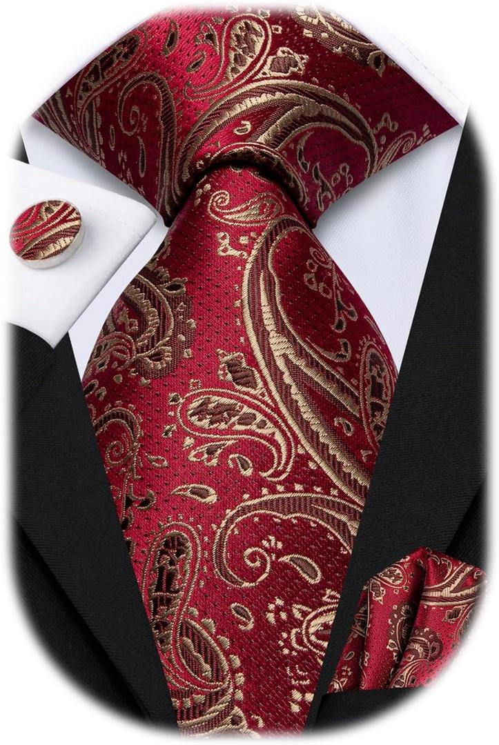 Hi-Tie Paisley Floral Ties Set for Men Silk Mens Stripes Necktie Pocket Square Cufflinks Set Formal Business (Gold Red)