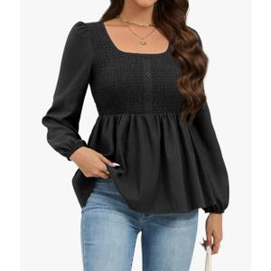 HEYTALALA Womens Peplum Tops Square Neck Smocked Puff Long Sleeve Blouses Babydoll Shirts 2025 Fall Dressy Casual Clothes,XL