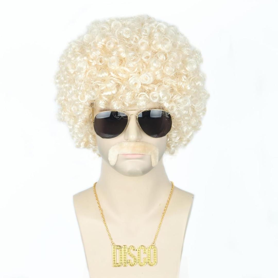Topcosplay 5pcs Set Blonde 70s 80s Disco Wig for Men Women Afro Wig Rock Party Outfit Short Curly Wigs Halloween Costume Accessories