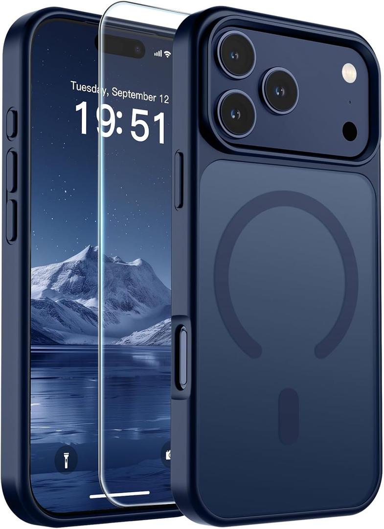 SUPFINE Magnetic for iPhone 17 Pro Max Case with Screen Protector (Compatible with MagSafe)(Military Grade Drop Protection) Translucent Matte Shockproof with Anti-Fingerprint Phone Cover,Dark Blue