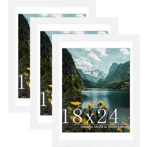 Picrit 18x24 Picture Frame 3 Pack, White Poster Frame, Display Poster 16 x 20 with Mat or 18 x 24 without Mat for Horizontal or Vertical Wall Mounting