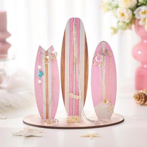 Wonderjune Jewelry Organizer Stand, Coastal Christmas Surfboard Decor, Preppy Beach Room Decor, Wooden Hawaii Surfer Gift, Teen Girl Room Decoration (Pink)