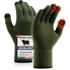 Merino Wool Gloves for Men Women, Touch Screen Warm Glove Liners Thermal Soft Knit Lining for Winter Running Hiking (X-Large, C03-(olive Drab))