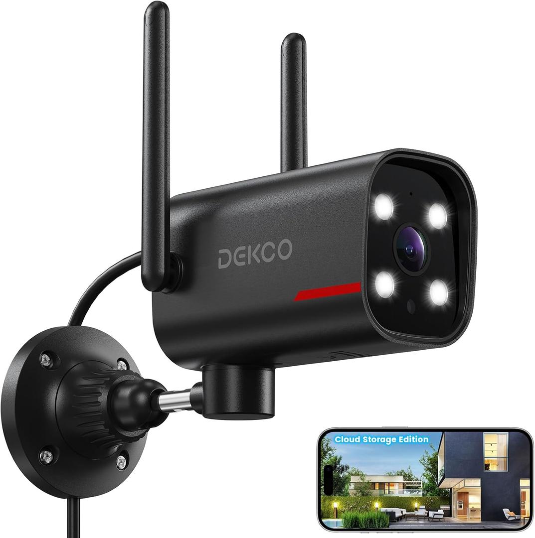 DEKCO Wired 2K Security Camera Outdoor, 180° Pan & 270° Coverage, 24/7 Constant Power Surveillance, Full Color Night Vision, AI Human Detection, Cloud Storage Edition, Spotlight & Siren