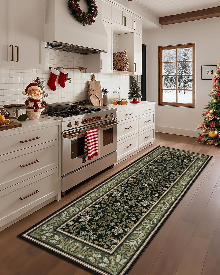 GarveeHome Christmas Runner Rugs 2x6 Kitchen Runner Rug Non Slip Washable Runners for Hallways, Boho Vintage Rugs with Rubber Backing Low-Pile Indoor Holiday Carpet for Entryway Bedroom Green Black