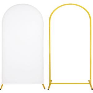 Metal Arch Stand and Cover Set,1 White Spandex Fitted Backdrop with 1 Gold Wedding Arched Stand Frame for Parties Birthday Baby Shower Bridal Banquet Decoration (6.6FT), 6.6FTx3.3FT