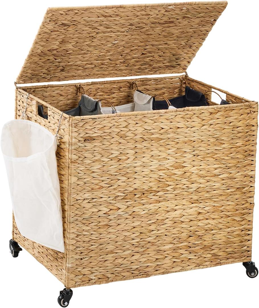 Laundry Hamper with Wheels, 52.8 Gallon(200L) Water Hyacinth Laundry Basket with Lid, 3-Section Wicker Clothes Hamper with 3 Removable Liners, Laundry Sorter with Side Pocket, Natural, 31.5"L x 15.75"W x 25.6"H