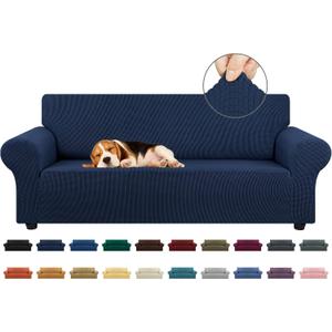 KEKUOU Stretch Sofa Cover Slipcover ， Couch Covers for 3 Cushion Couch Sofa, Pet-Friendly (78"-94"), Furniture Protector Sofa with Elastic Bottom for Kids, Dog, Jacquard Small Checked(Large, Navy Blue)